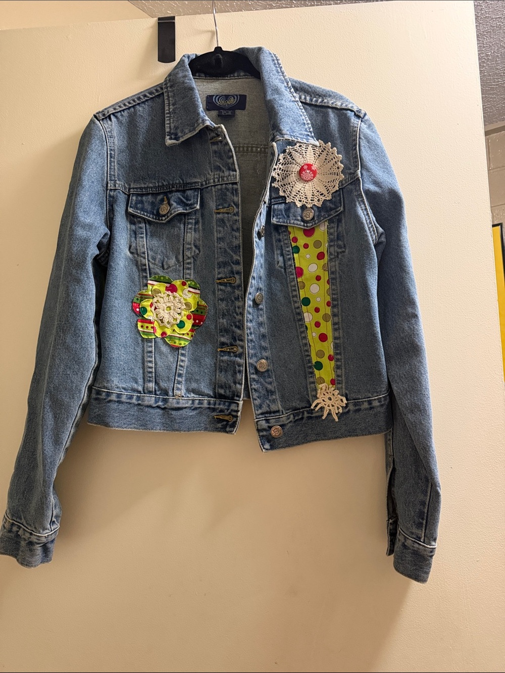 Angels Light Blue Denim Jean Jacket with Green & White Appliqués